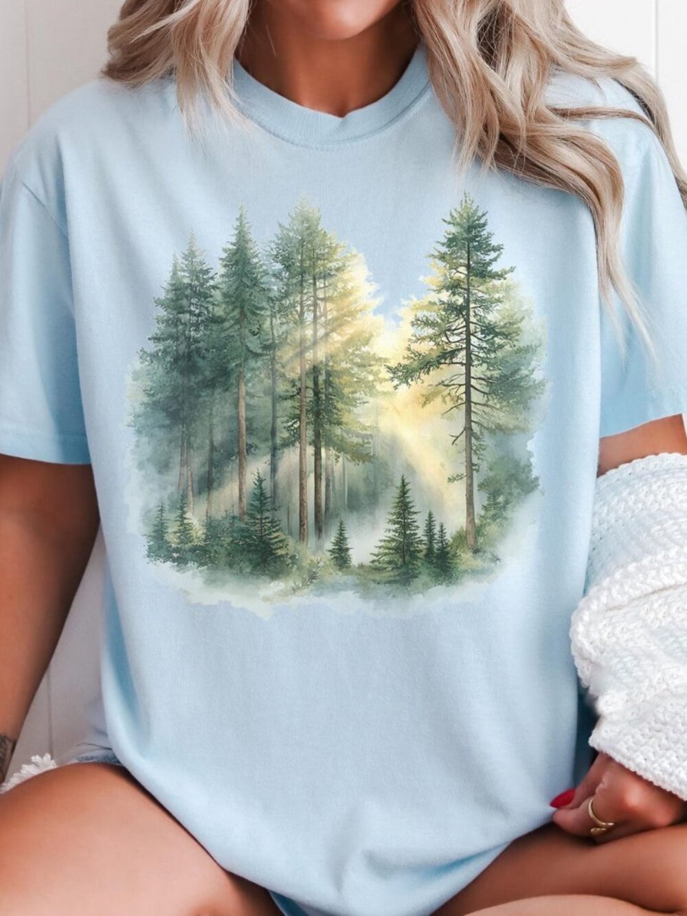 Vintage Misty Pine Forest T-Shirt | Boho Nature Trees Top | Woodland Green Tee